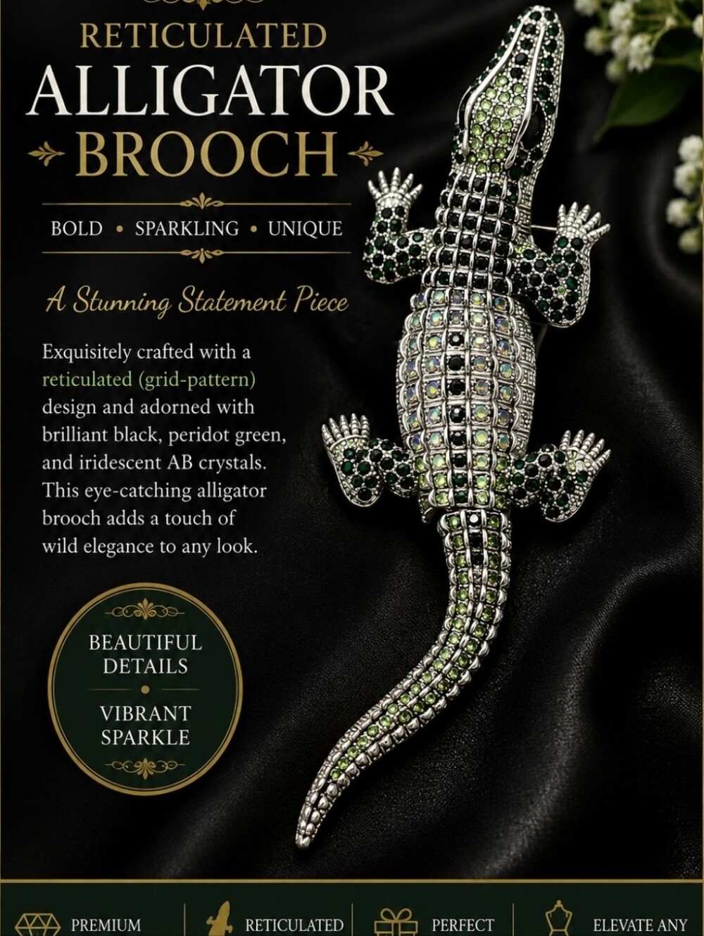 Alligator Brooch - Green Crystal Reticulated Design